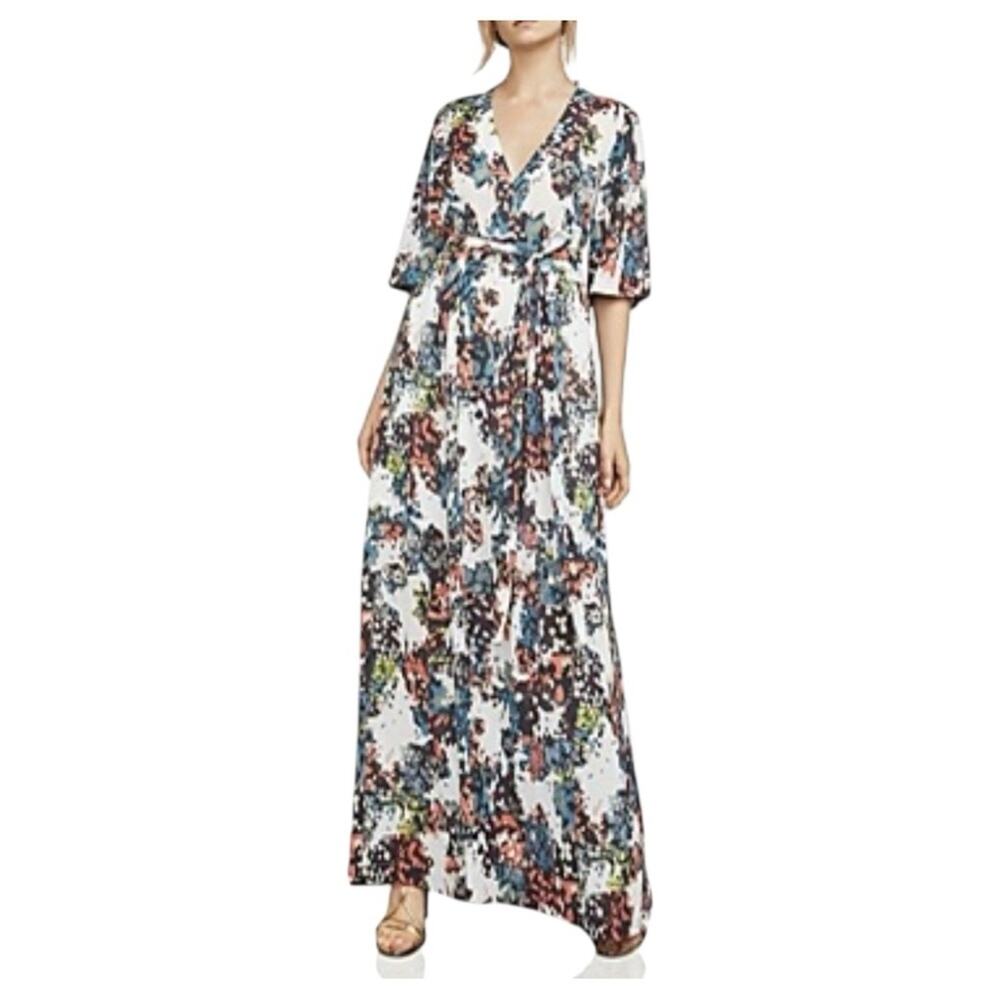 BCBG MaxAzria Carmen Cotton/Silk Self-Tie  V-Neck Maxi Dress Size Small